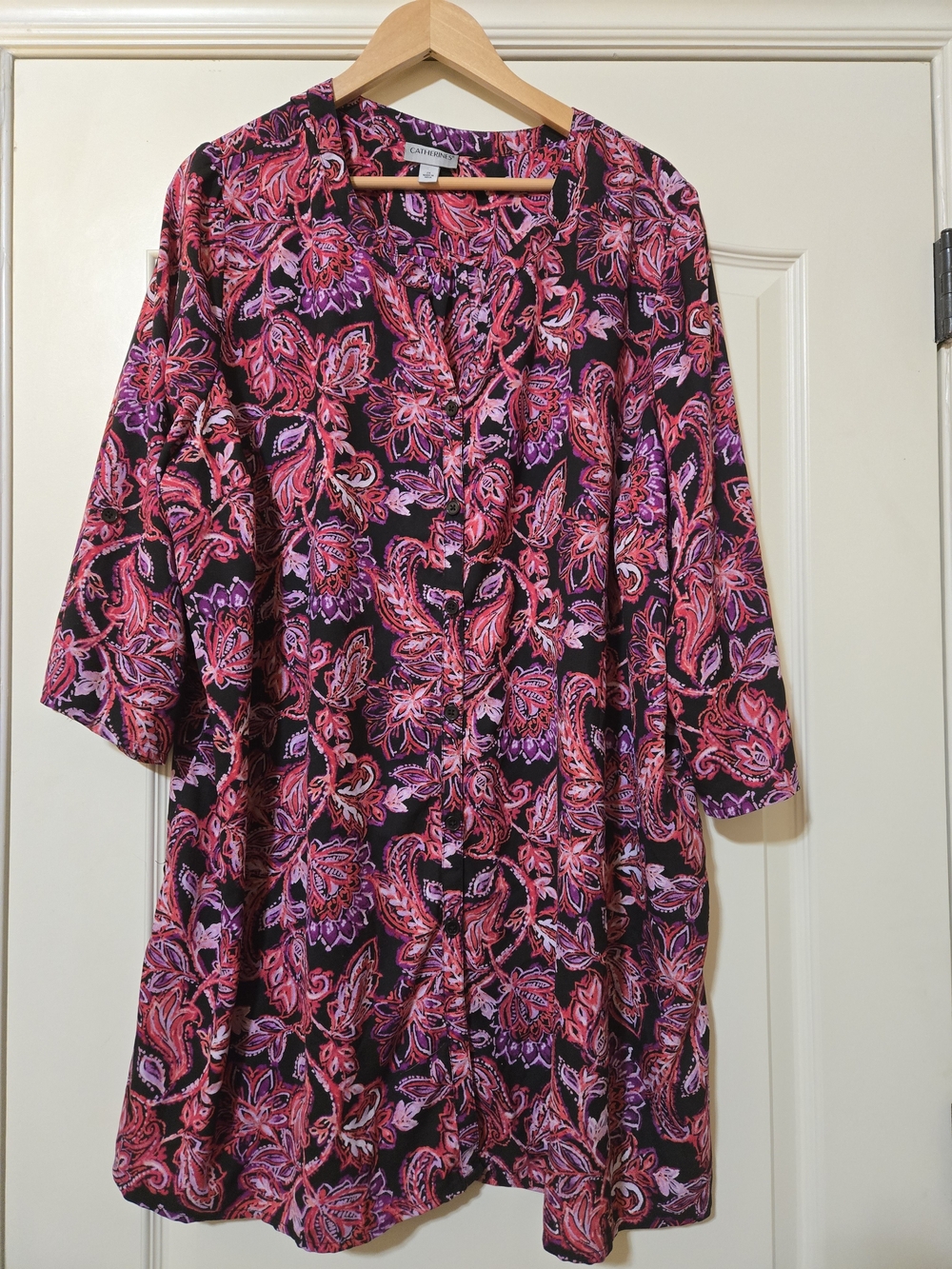 Catherines Black Button-Front Tunic with Pink and Purple Paisley